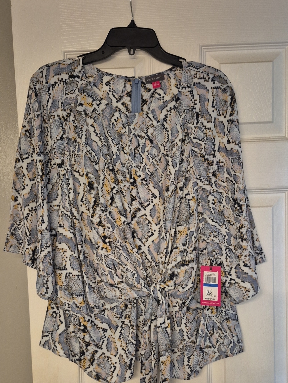 Vince Camuto Blue and Cream Snake-Print Tie-Front Tunic